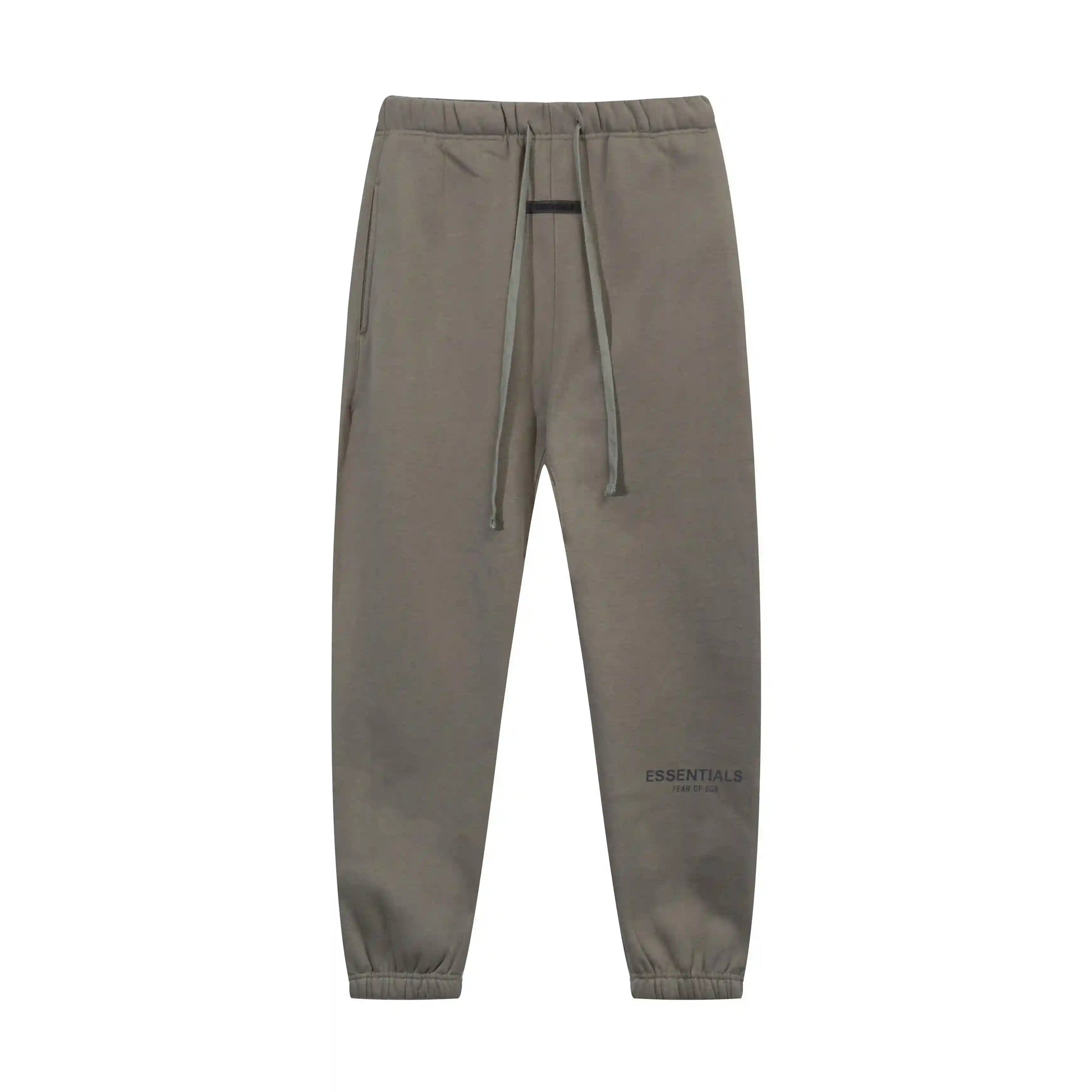 Grey Essentials joggers soft-touch rubberized logo on leg close-up