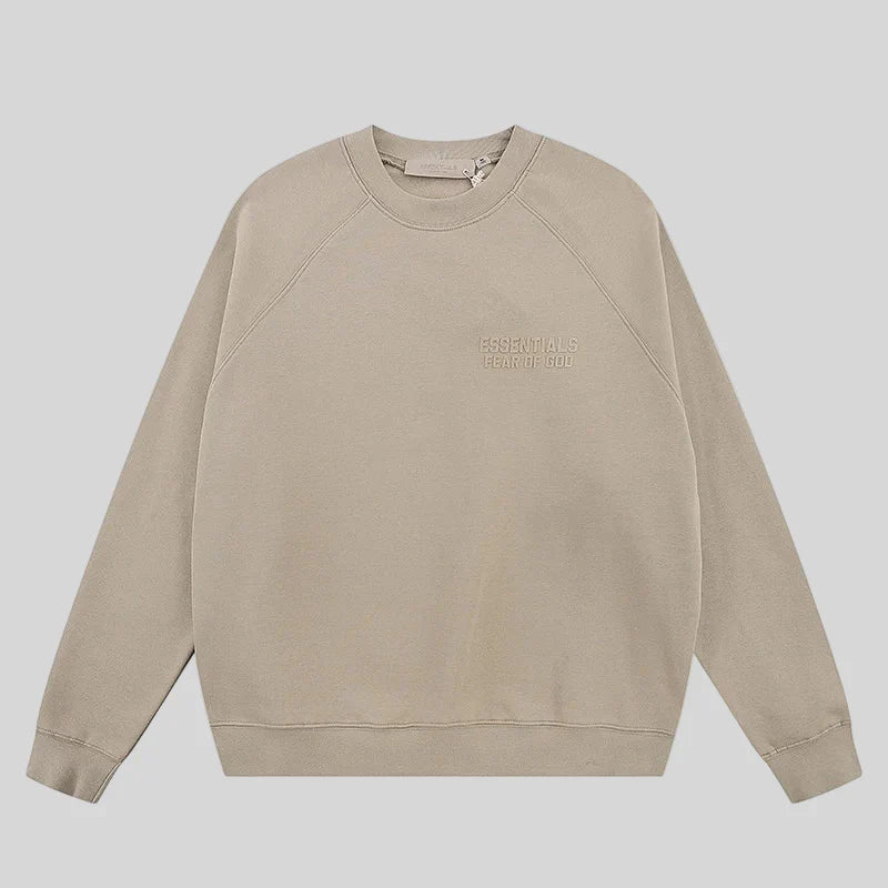 Fear of God Essentials heathered grey crewneck sweatshirt front view core fleece