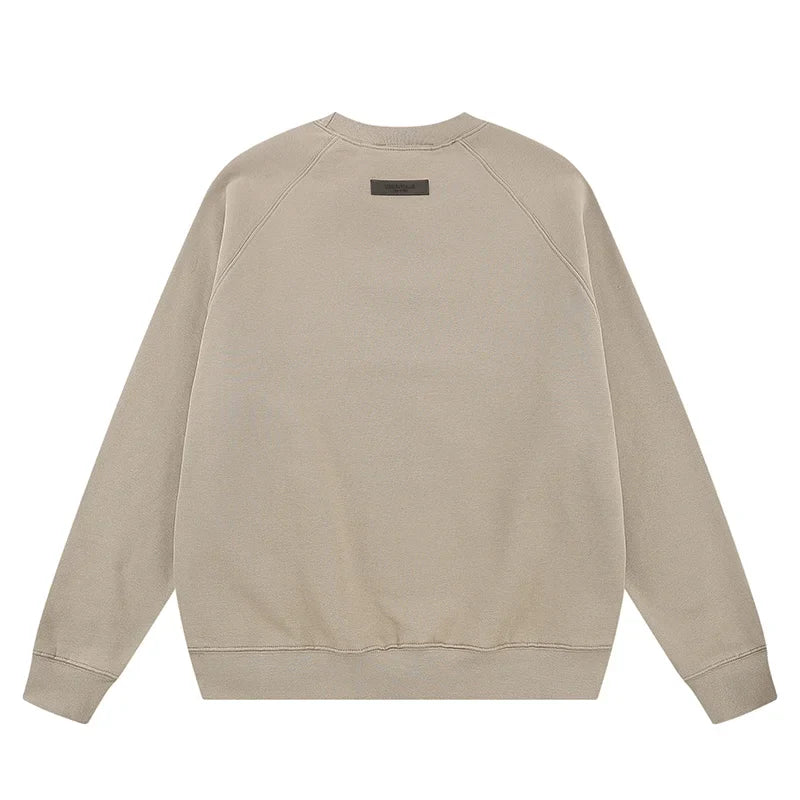 Essentials heathered grey sweatshirt back view beveled logo branding