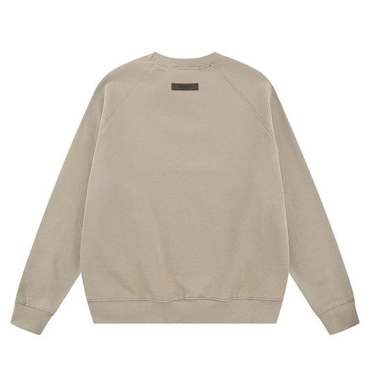 Essentials heathered grey sweatshirt back view beveled logo branding