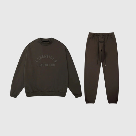 Fear of God Essentials english walnut tracksuit front view crewneck and joggers