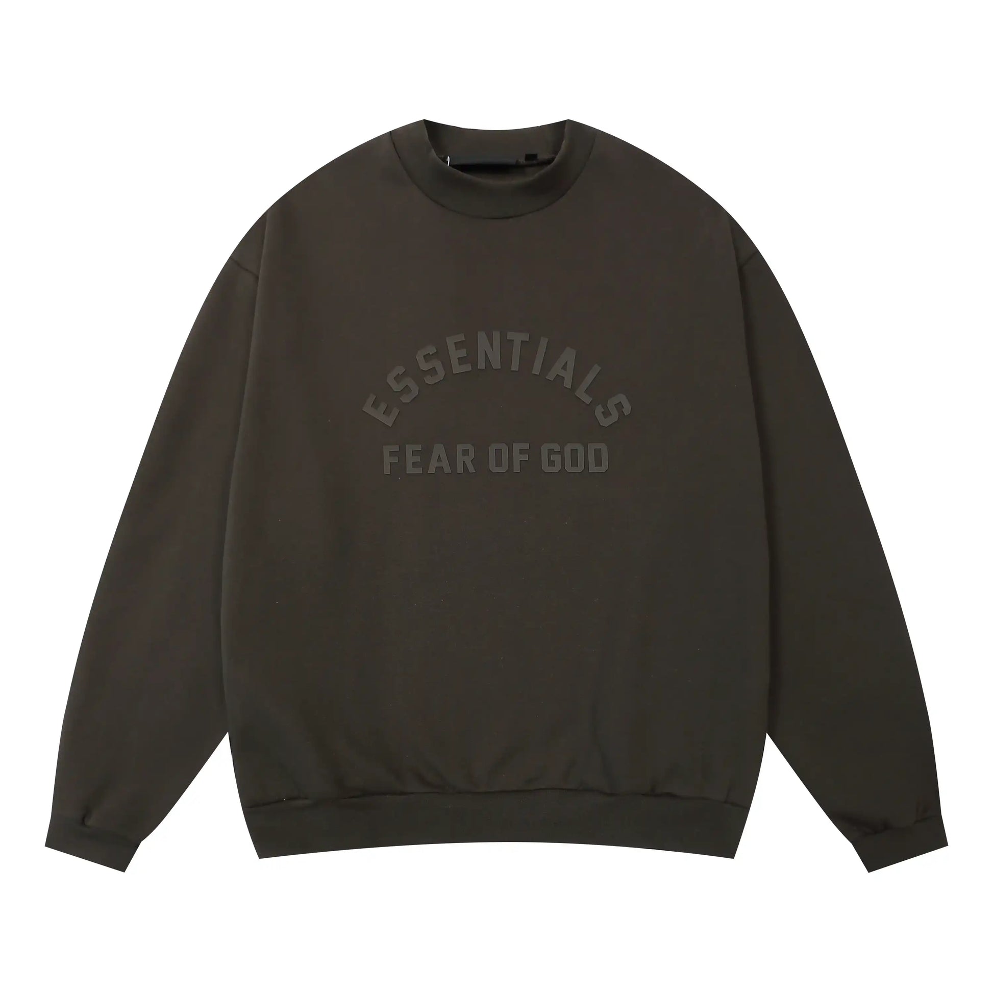 English walnut Essentials crewneck center front rubberized black bar branding detail