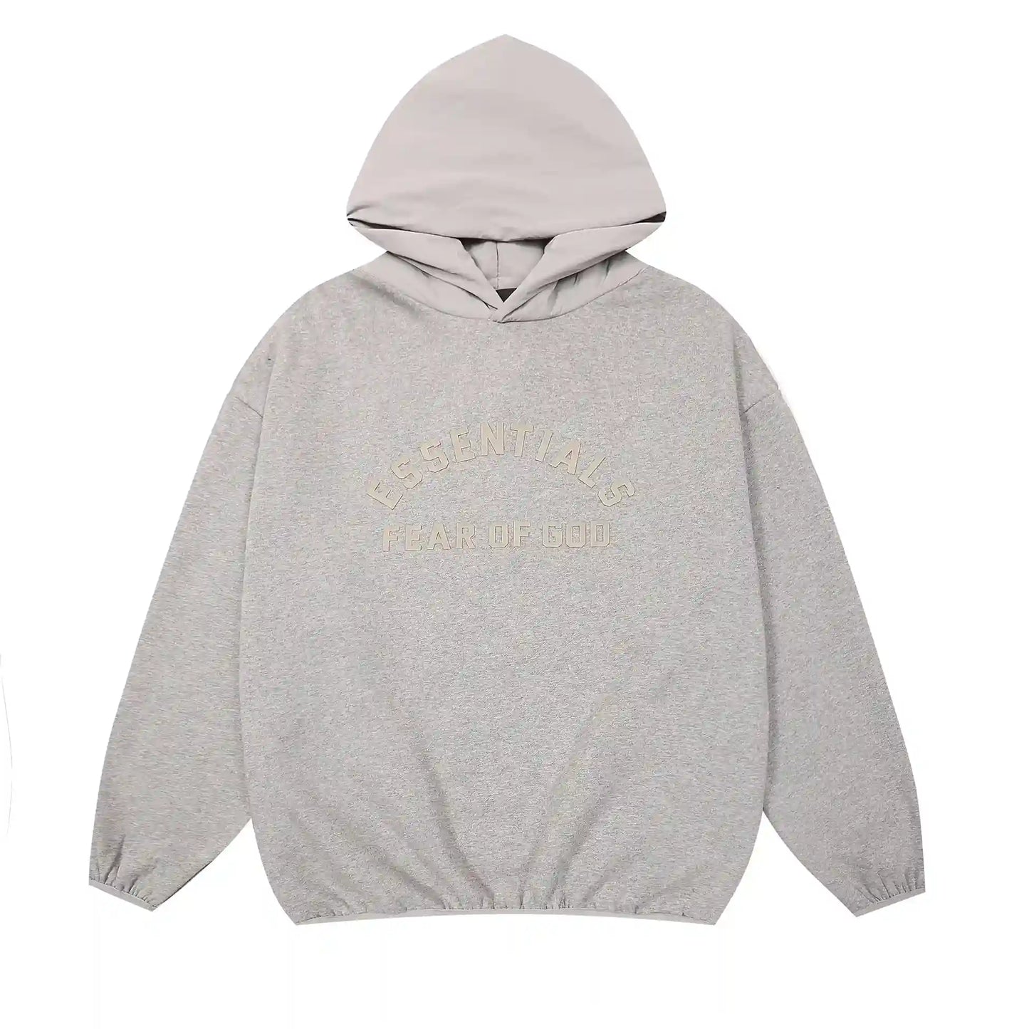 Essentials Light Heather Oatmeal hoodie set branding detail close-up