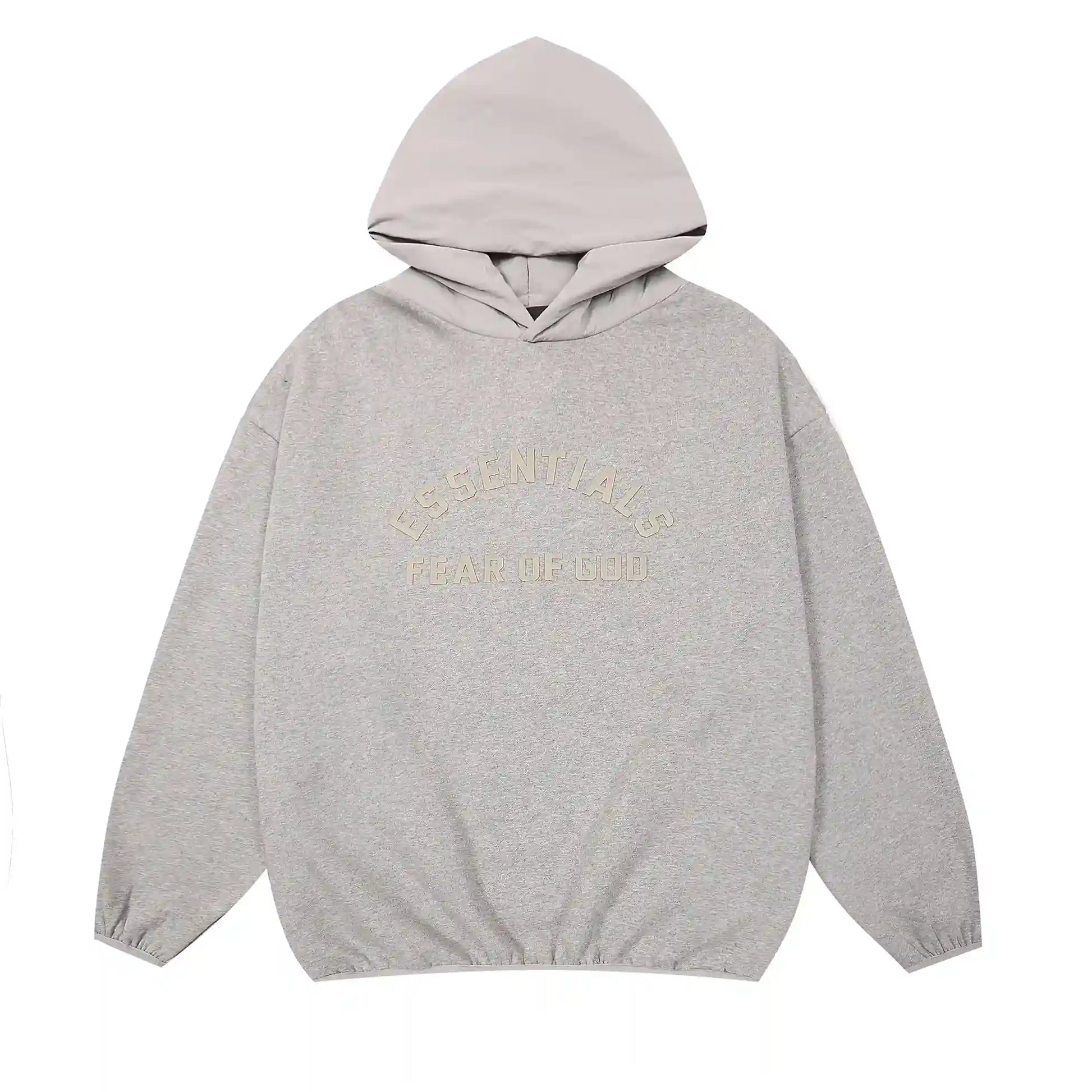 Essentials Light Heather Oatmeal hoodie set branding detail close-up