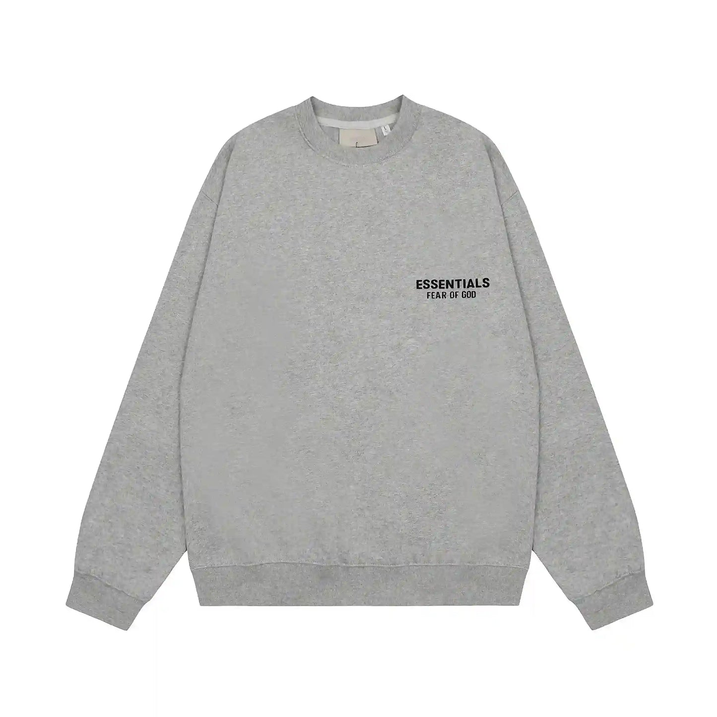 Essentials Dark Heather Oatmeal hoodie set branding detail close-up