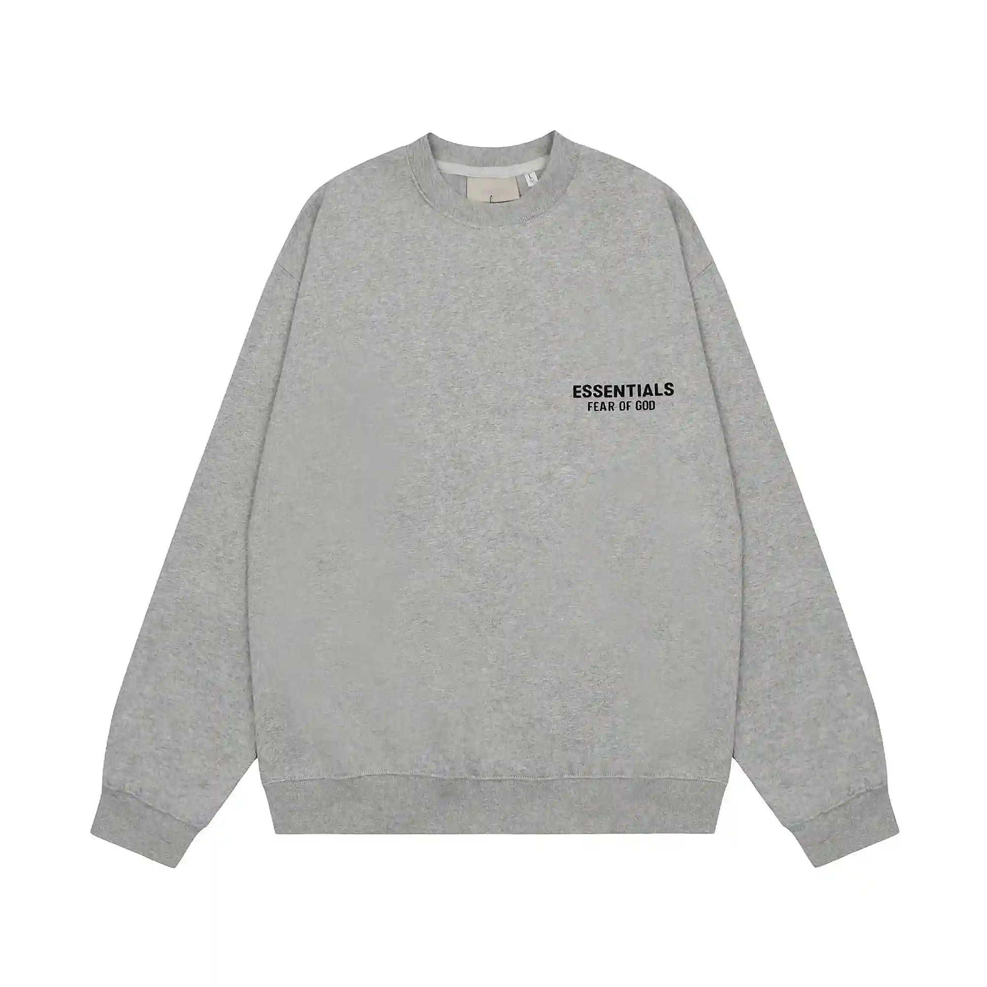 Essentials Dark Heather Oatmeal hoodie set branding detail close-up