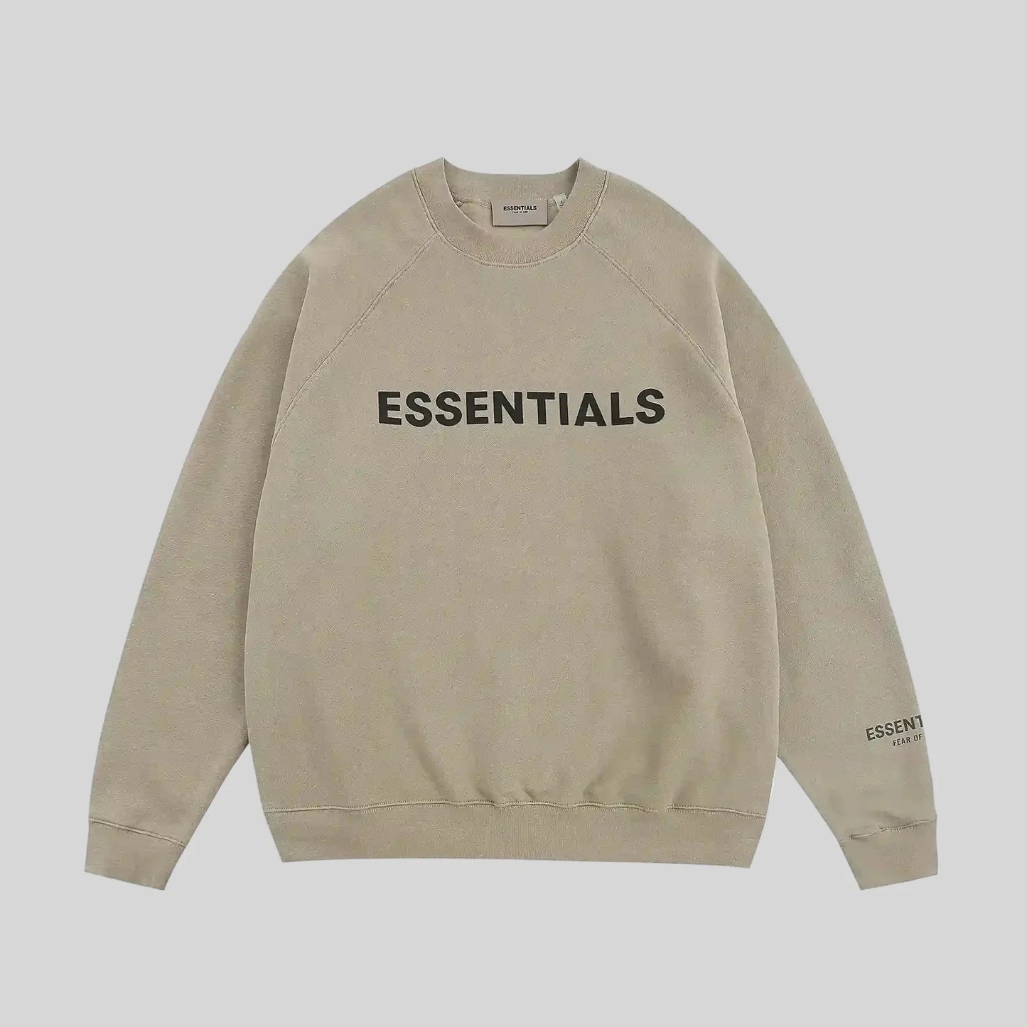 Fear of God Essentials heathered grey crewneck sweatshirt front view core fleece