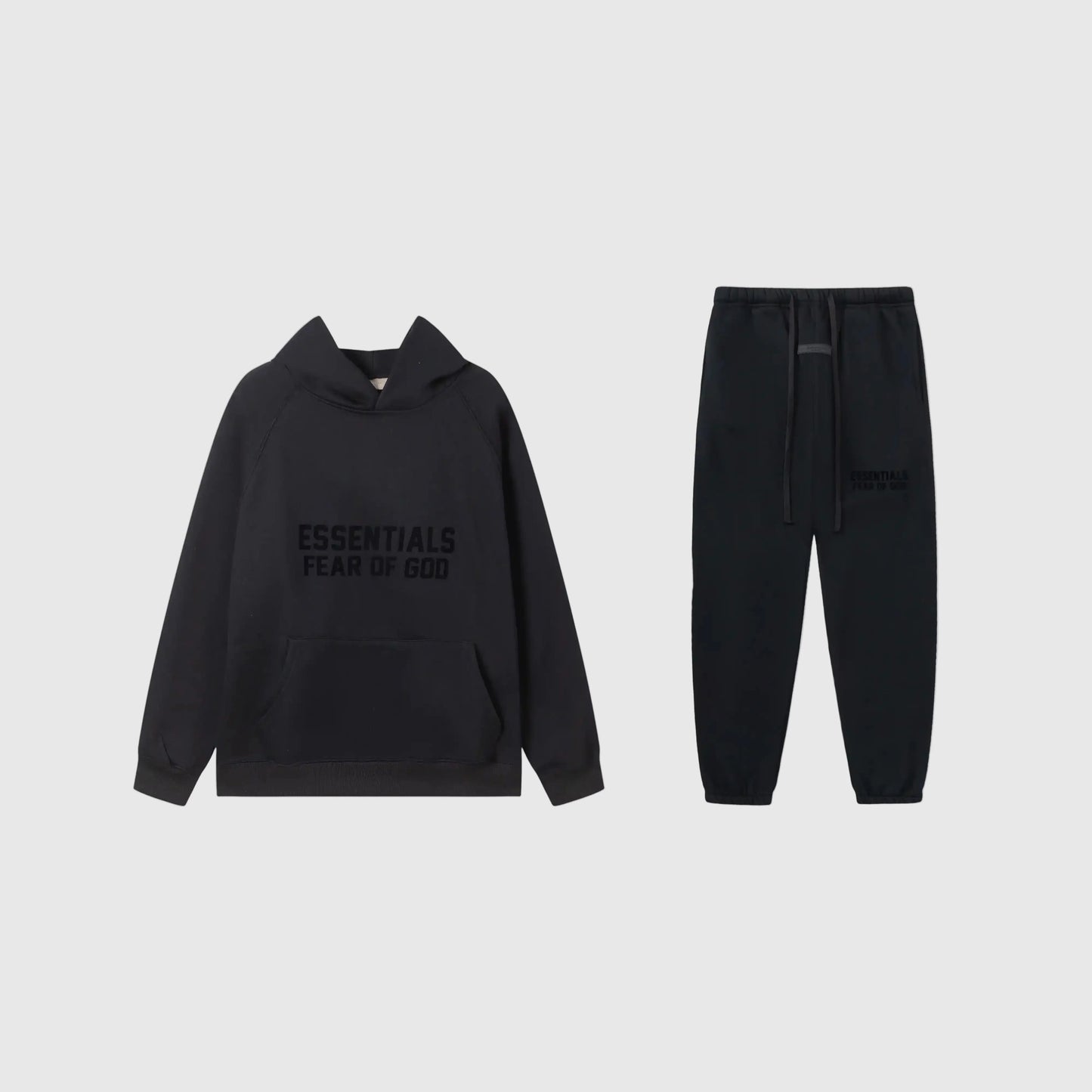 Essentials black timeless comfort fleece tracksuit set with relaxed fit by Fear Of God