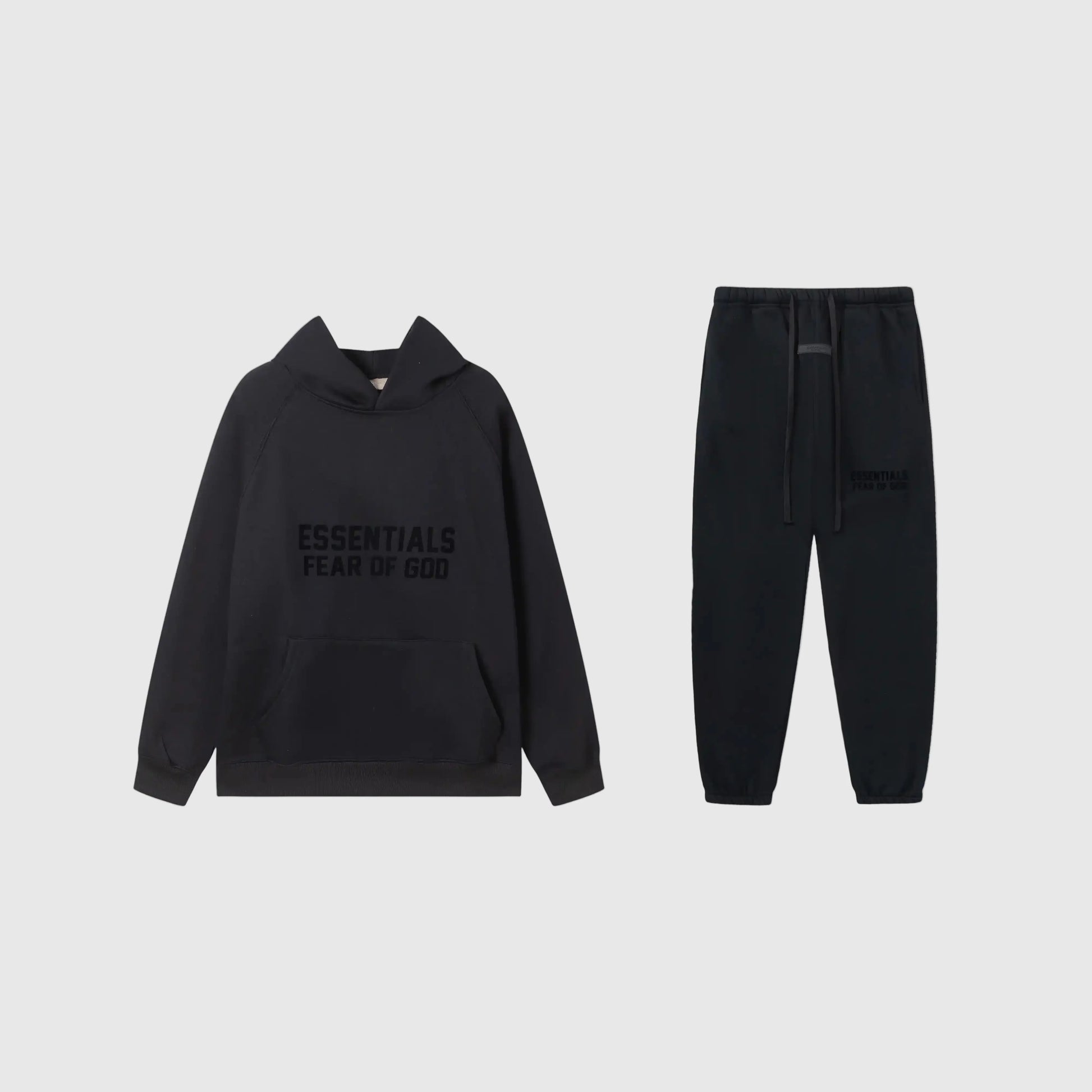 Essentials black timeless comfort fleece tracksuit set with relaxed fit by Fear Of God