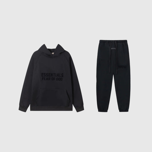 Essentials black timeless comfort fleece tracksuit set with relaxed fit by Fear Of God