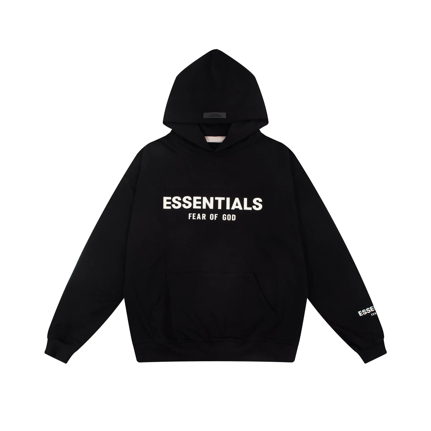 Essentials Black hoodie set branding detail close-up