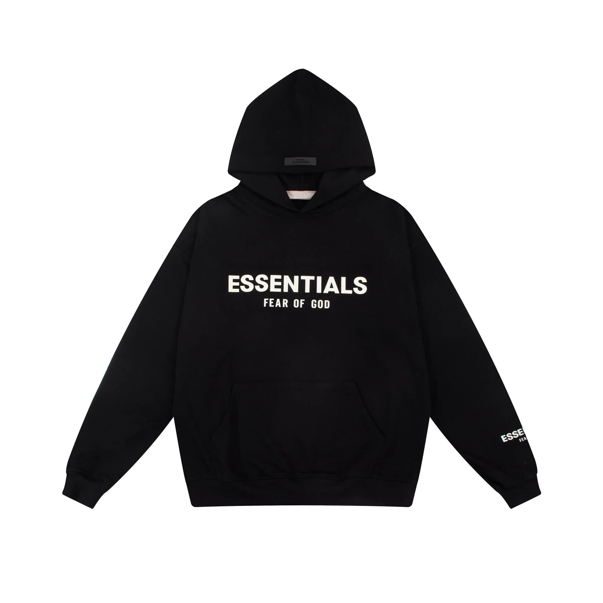 Essentials Black hoodie set branding detail close-up