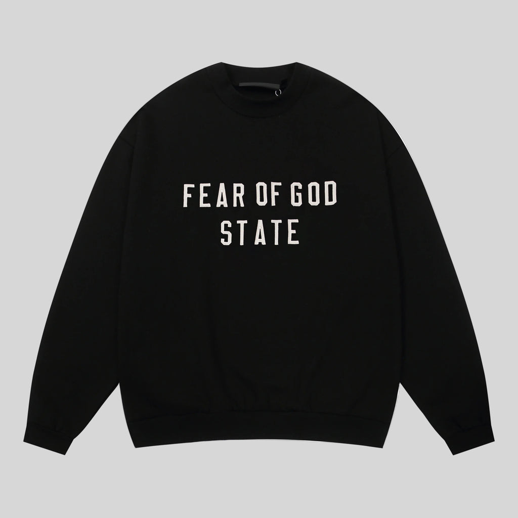 Large Text Fear of God State Essentials Clothing Black Sweatshirt