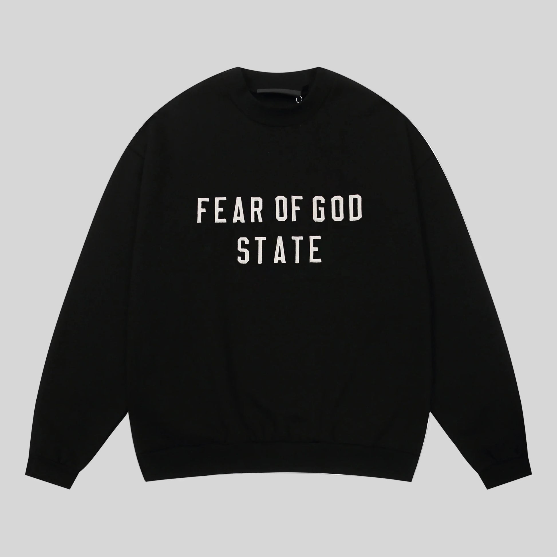 Fear of God Essentials black crewneck sweatshirt front view 380gsm core fleece