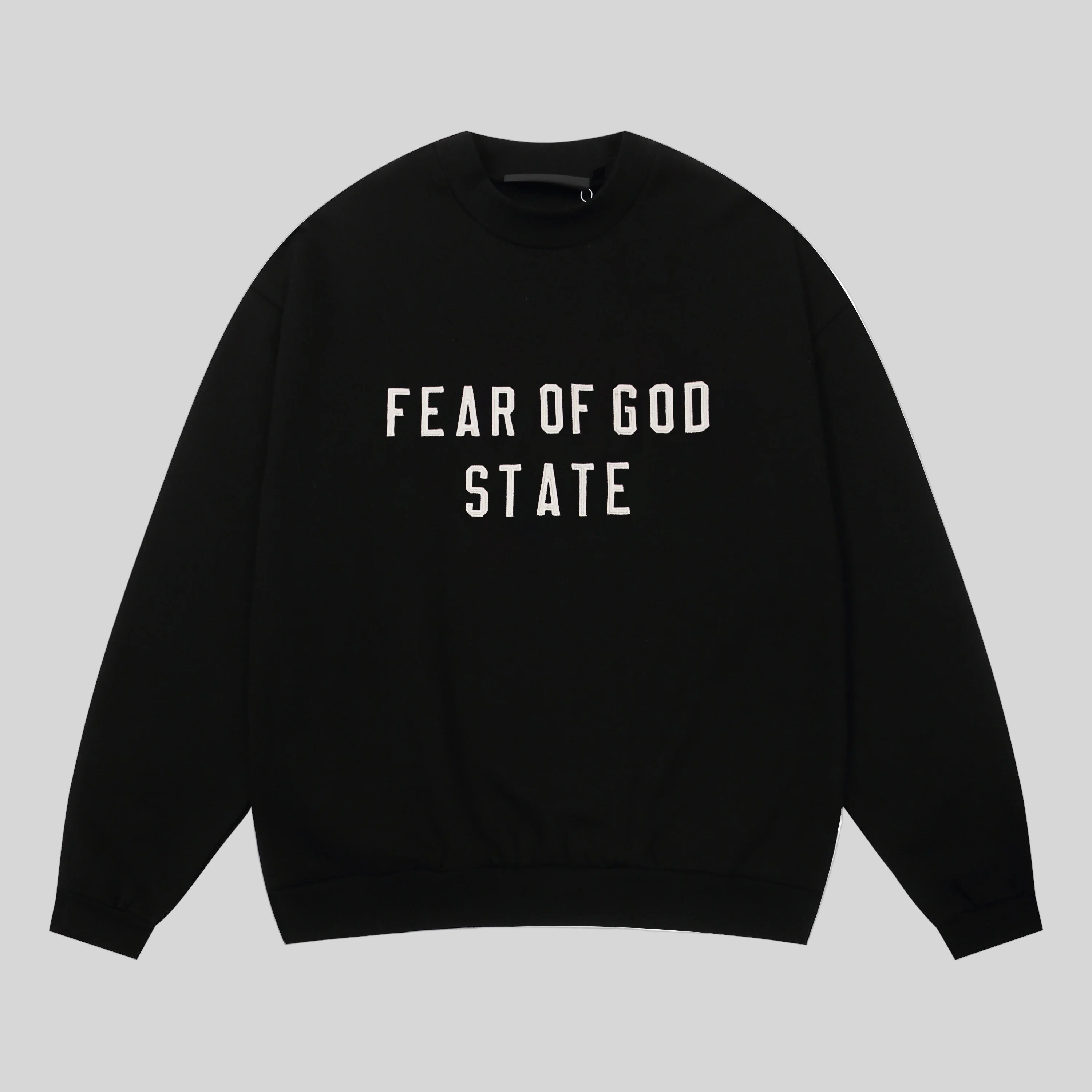 Large Text Fear of God State Essentials Clothing Black Sweatshirt