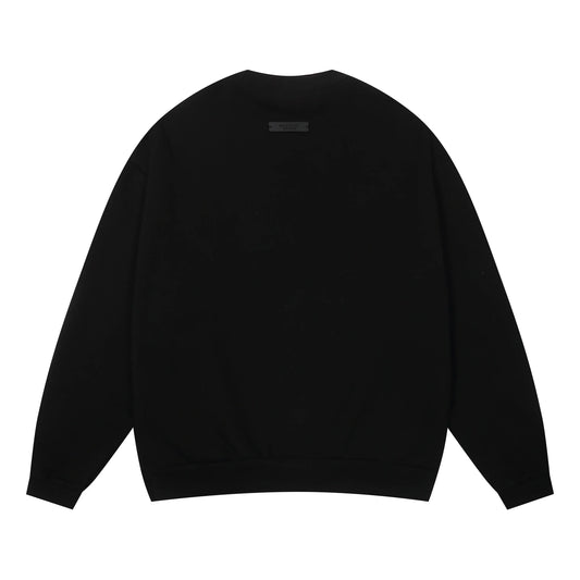 Essentials black sweatshirt back view beveled logo branding