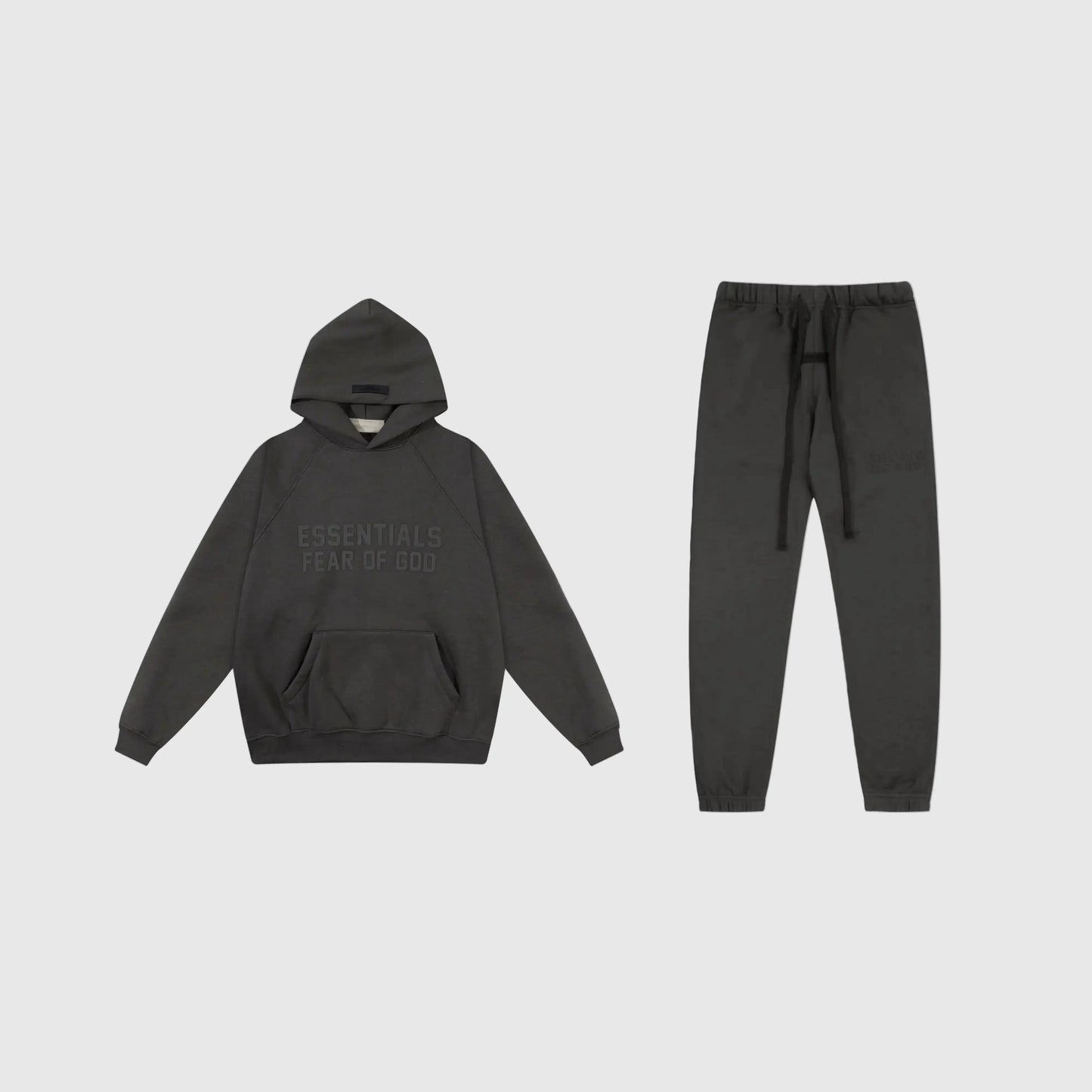 Fear of God Essentials black tracksuit set front view hoodie and joggers