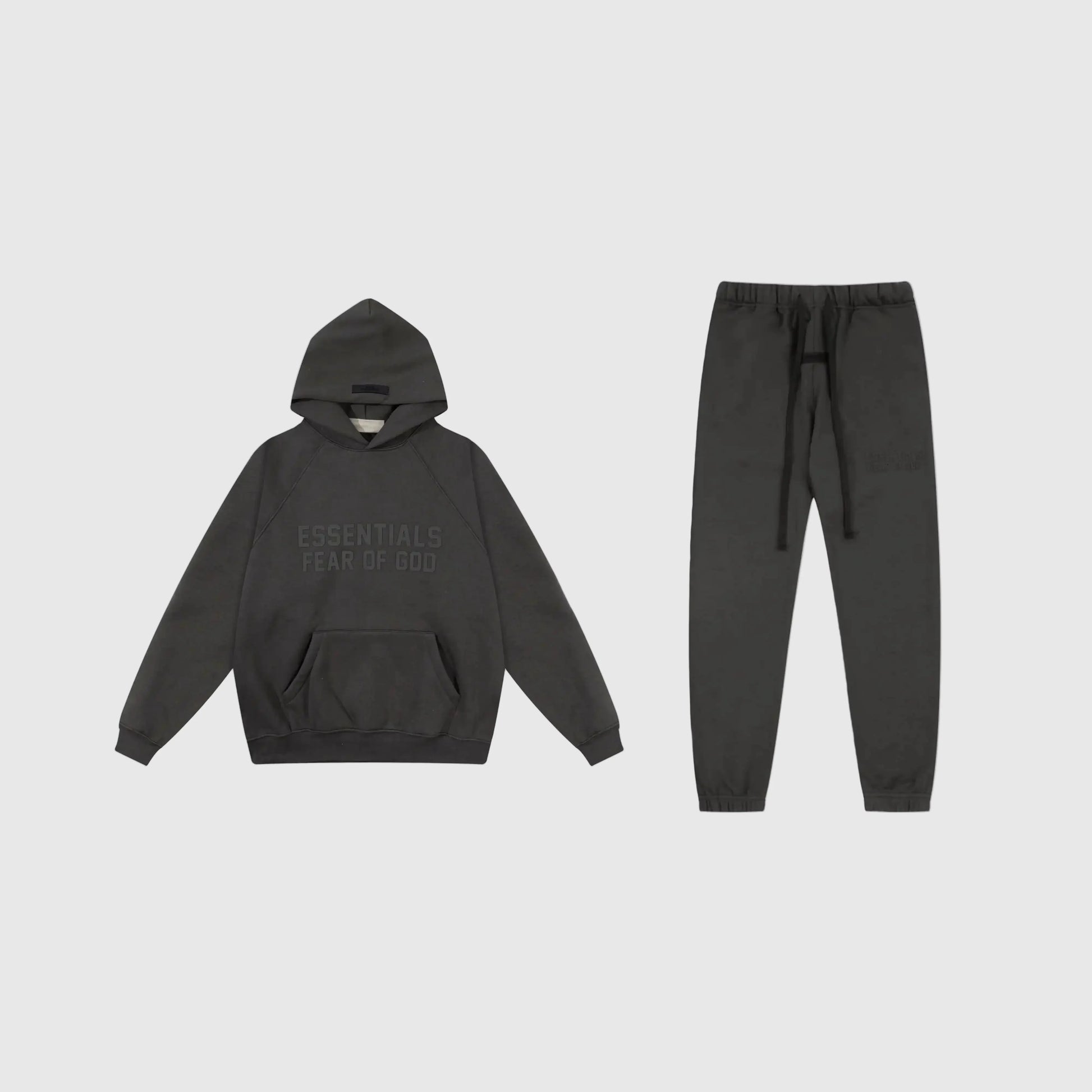 Fear of God Essentials black tracksuit set front view hoodie and joggers