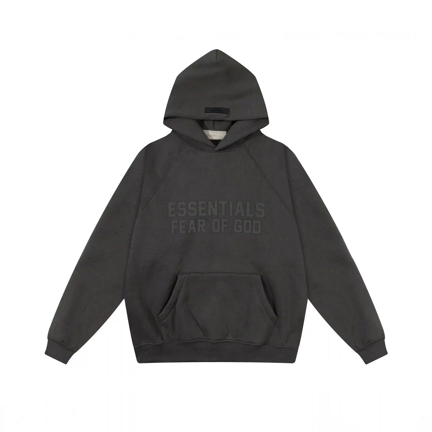 Black Essentials hoodie center front black bar branding detail