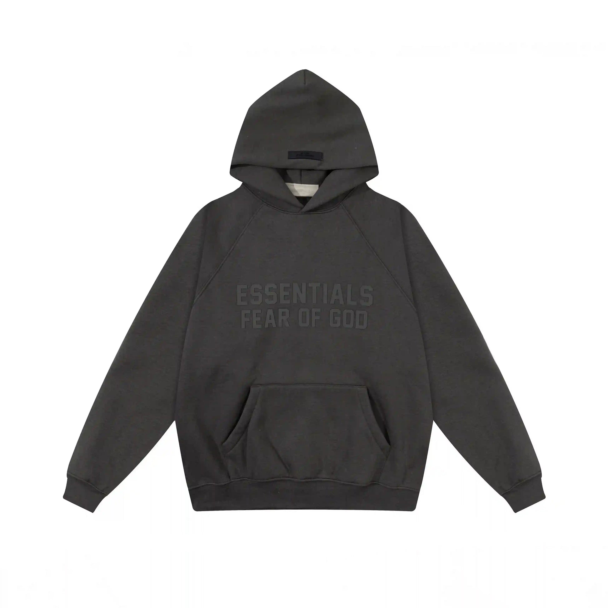 Black Essentials hoodie center front black bar branding detail