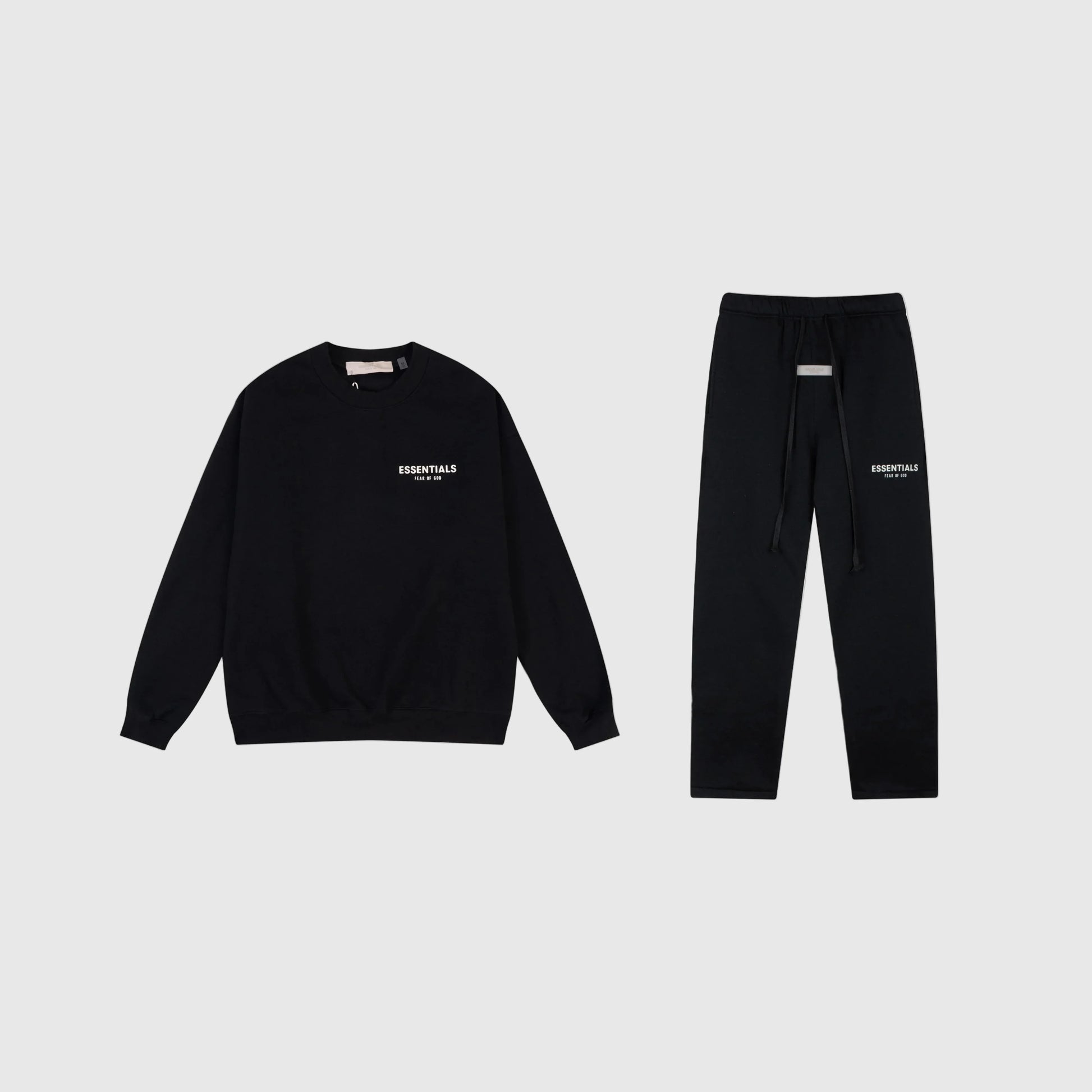 Fear of God Essentials black tracksuit front view crewneck and joggers