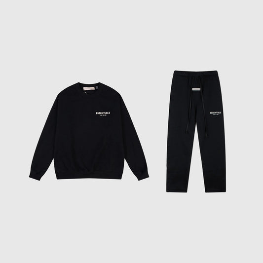 Fear of God Essentials black tracksuit front view crewneck and joggers