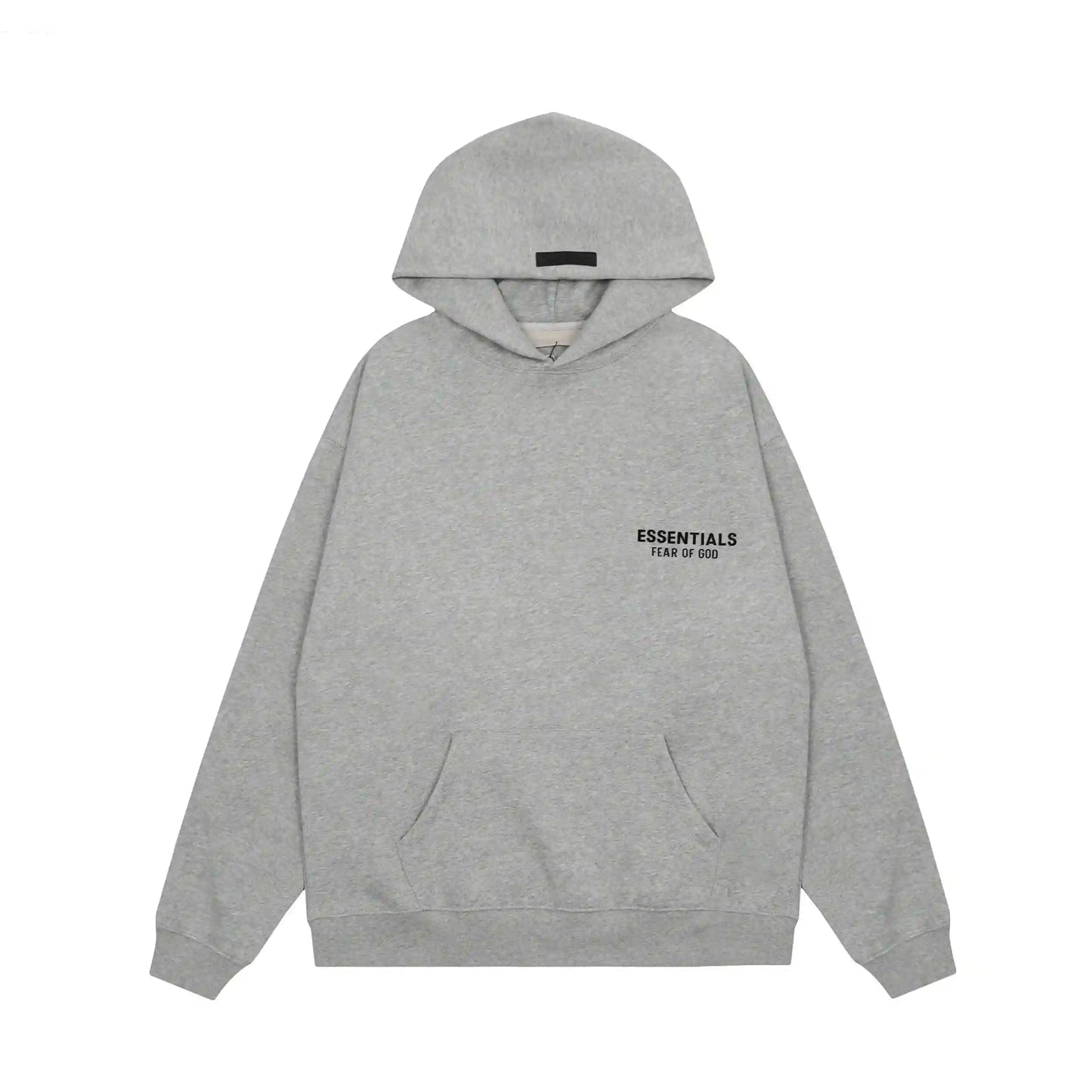 Essentials Dark Heather Oatmeal hoodie set branding detail close-up