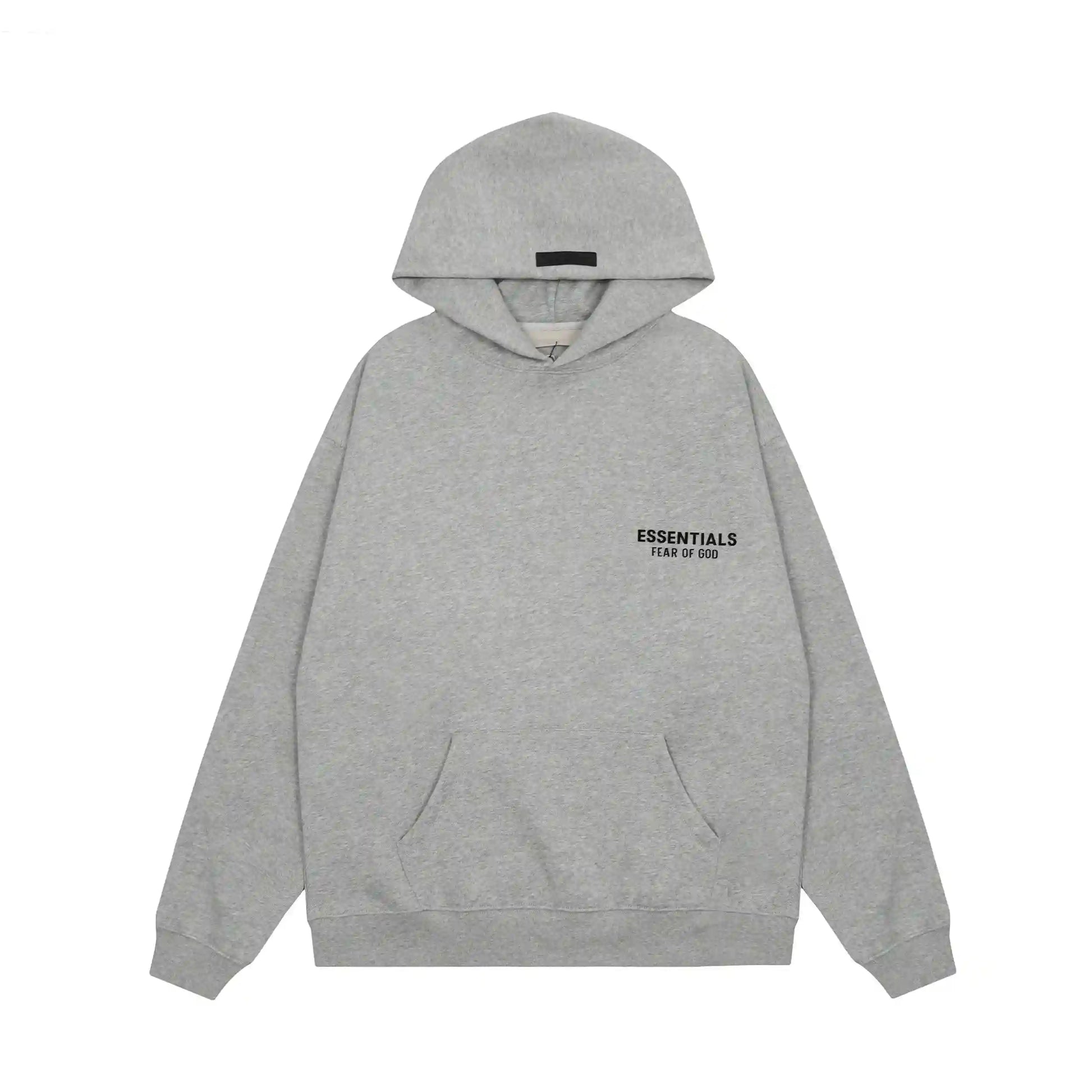 Essentials Dark Heather Oatmeal hoodie set branding detail close-up