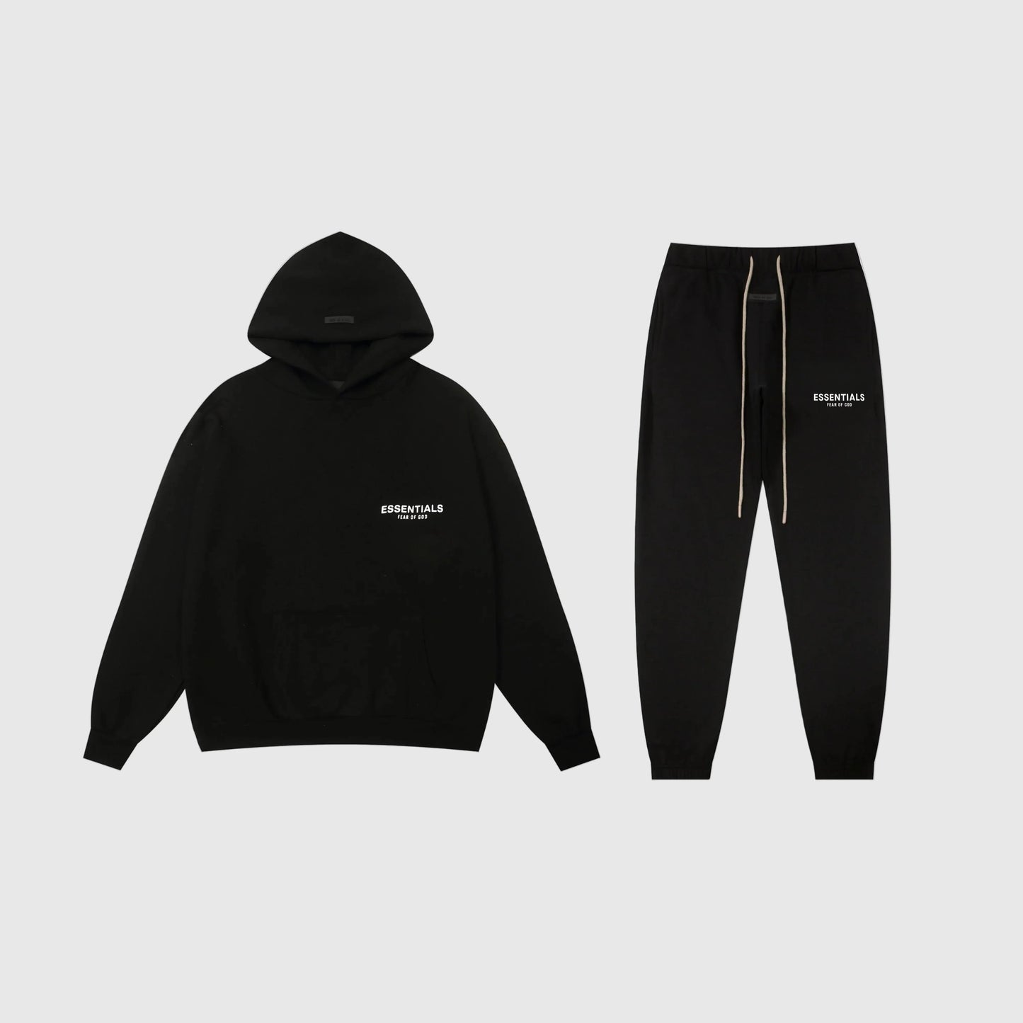 Essentials black signature comfort fleece tracksuit set with relaxed fit by Fear Of God