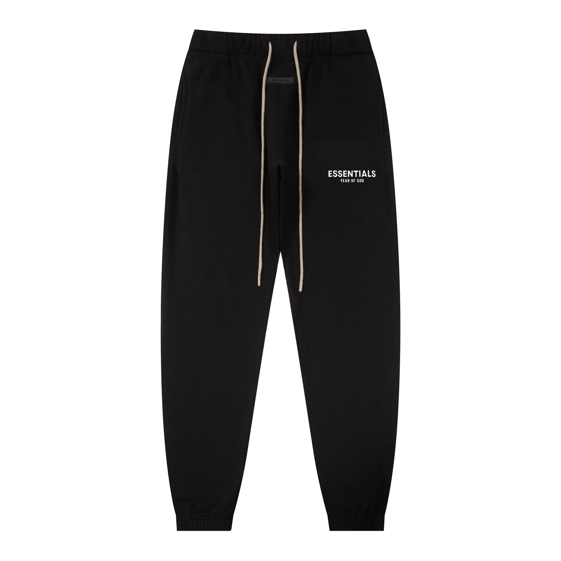 Back view of Essentials black signature comfort fleece tracksuit set by Fear Of God