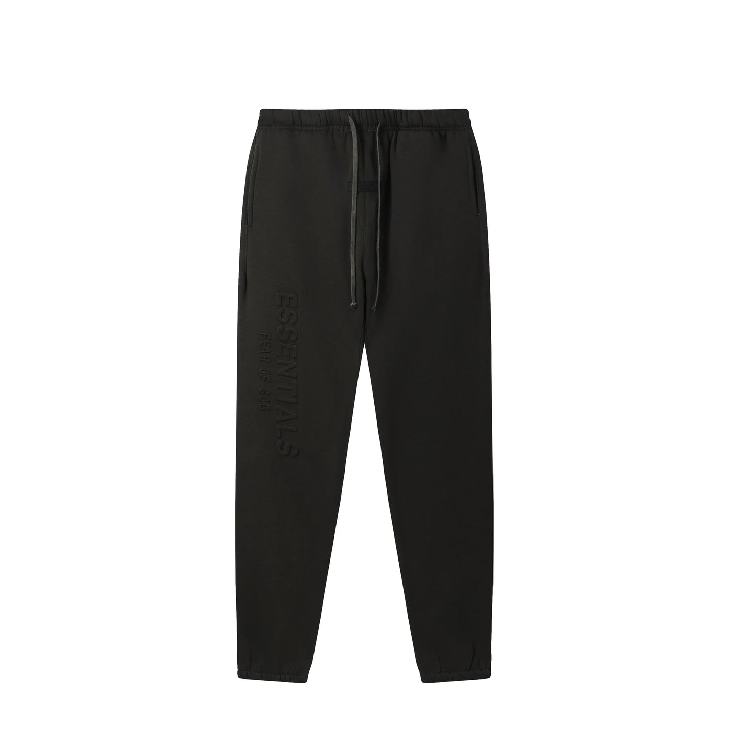 Back view of Essentials black elevated fleece tracksuit set by Fear Of God

