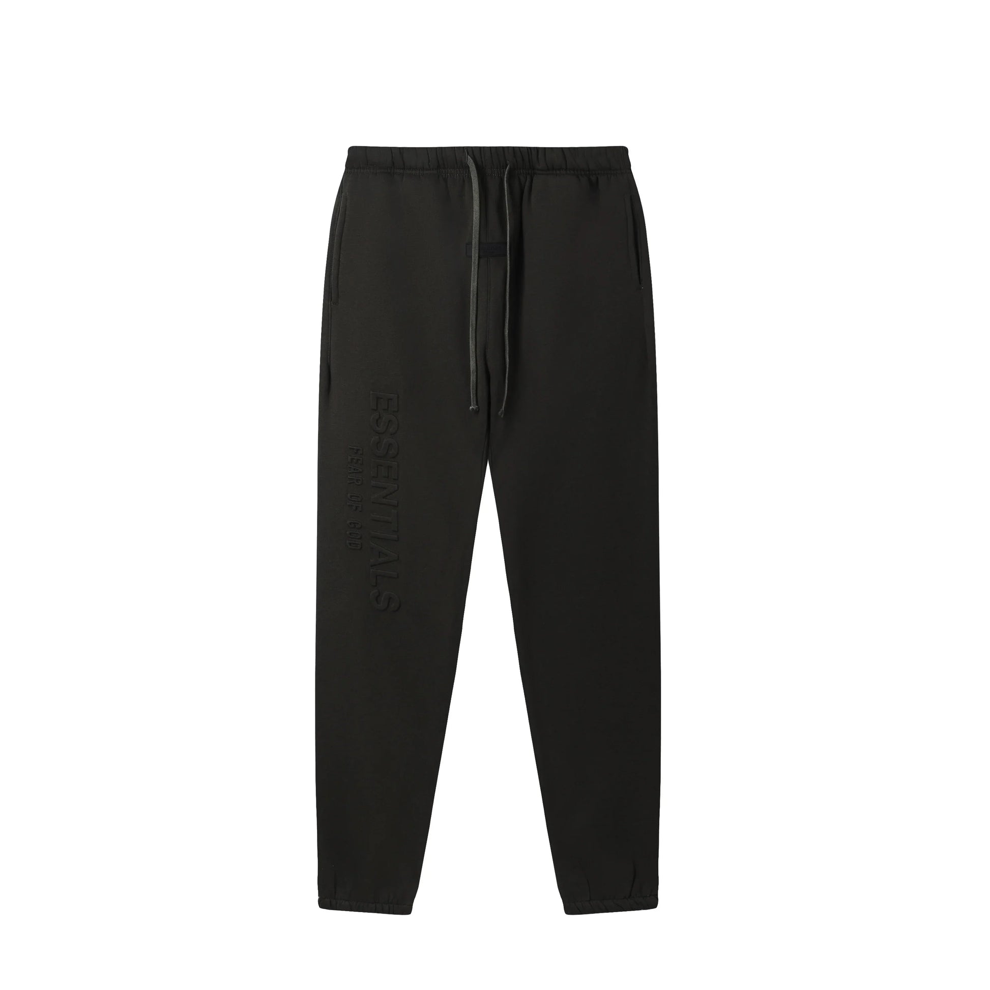 Back view of Essentials black elevated fleece tracksuit set by Fear Of God


