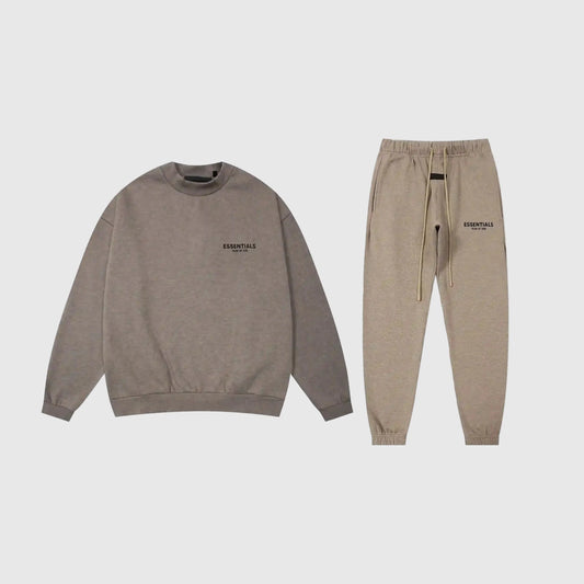 Essentials heathered grey core fleece tracksuit front view by Fear Of God