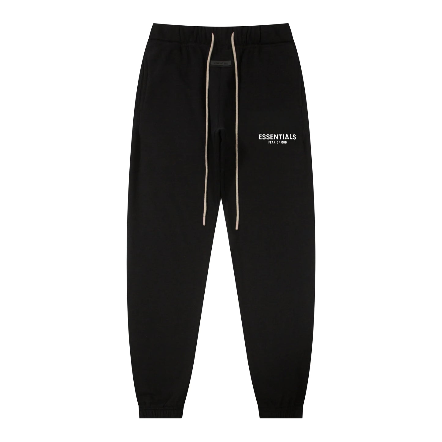 Back view of Essentials black classic everyday fleece tracksuit set by Fear Of God
