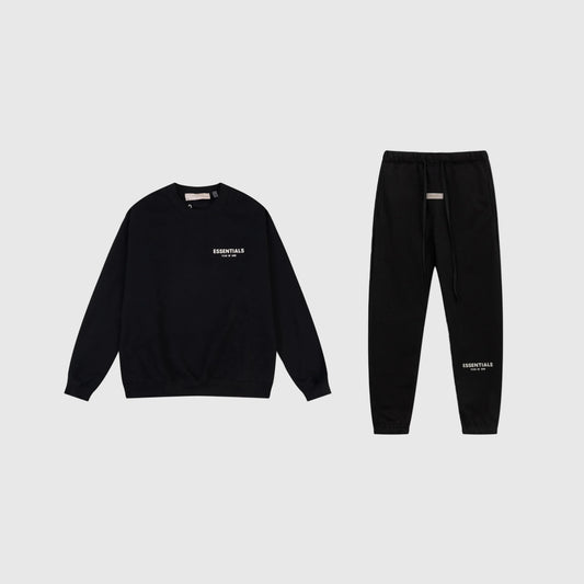 Fear of God Essentials black tracksuit front view crewneck and joggers
