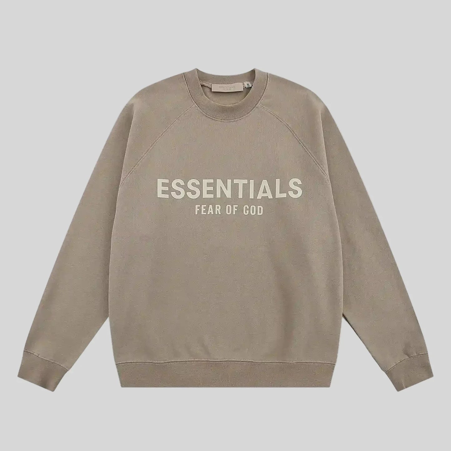 Fear of God Essentials sandrift sweatshirt front view classic fit crewneck