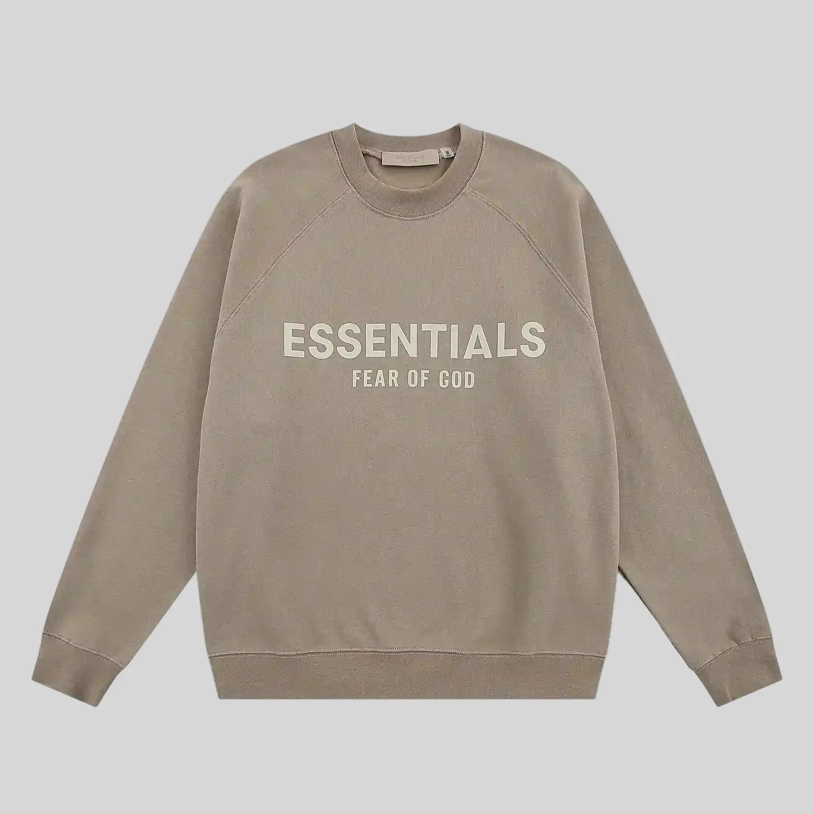 Fear of God Essentials sandrift sweatshirt front view classic fit crewneck