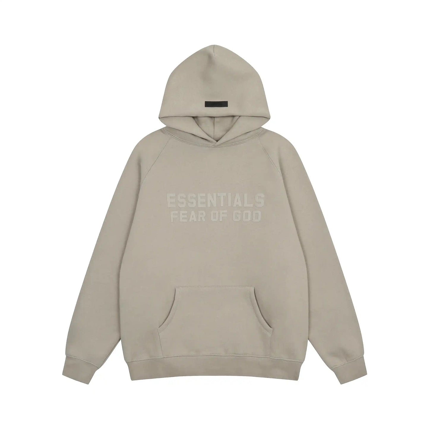 Essentials Pastel Grey hoodie set branding detail close-up