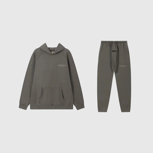 Fear of God Essentials grey tracksuit front view hoodie and joggers