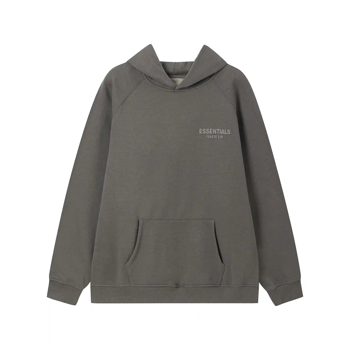 Grey Essentials hoodie center front rubberized black bar branding detail