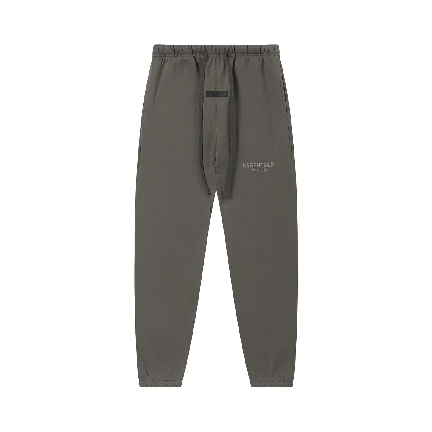 Grey Essentials joggers soft-touch rubberized logo on leg close-up