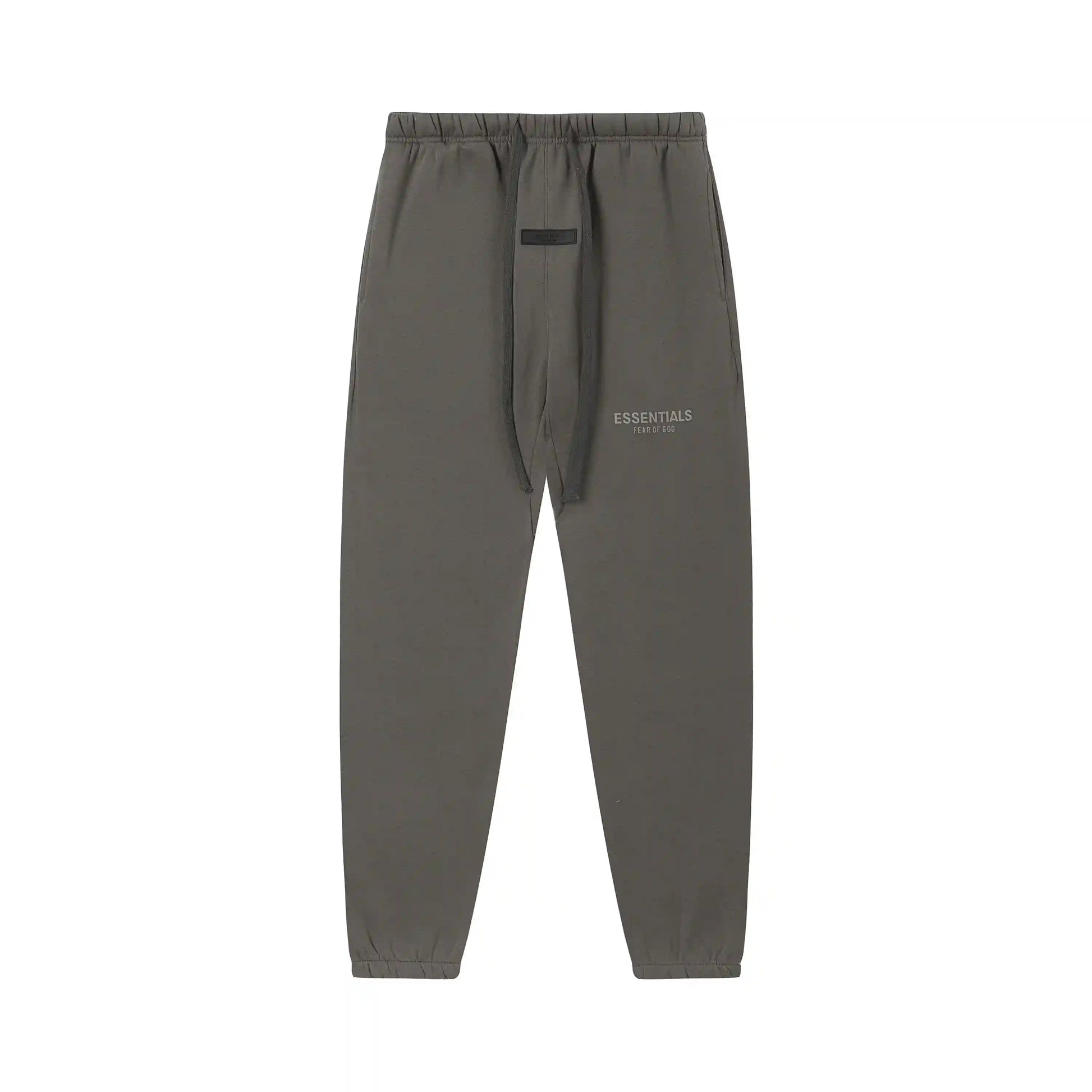 Grey Essentials joggers soft-touch rubberized logo on leg close-up