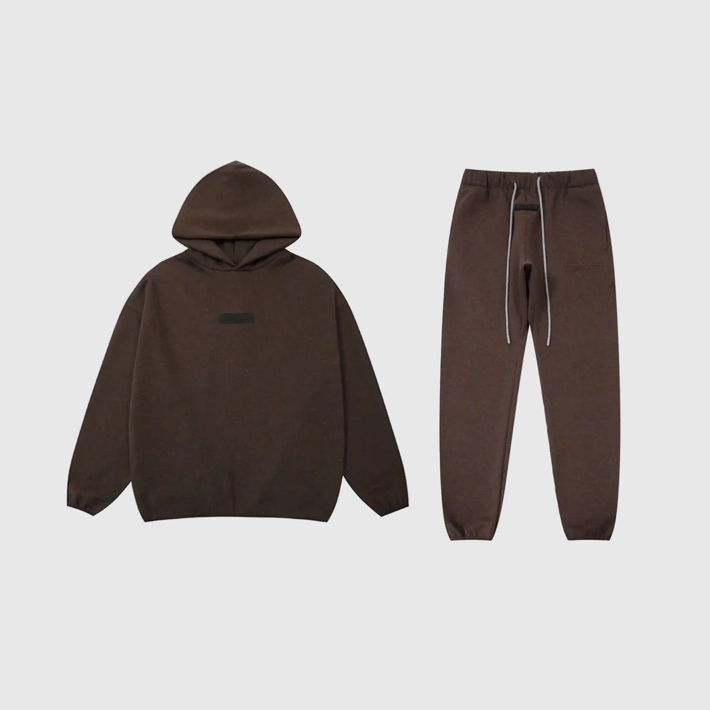 Fear of God Essentials congo brown tracksuit front view hoodie and joggers
