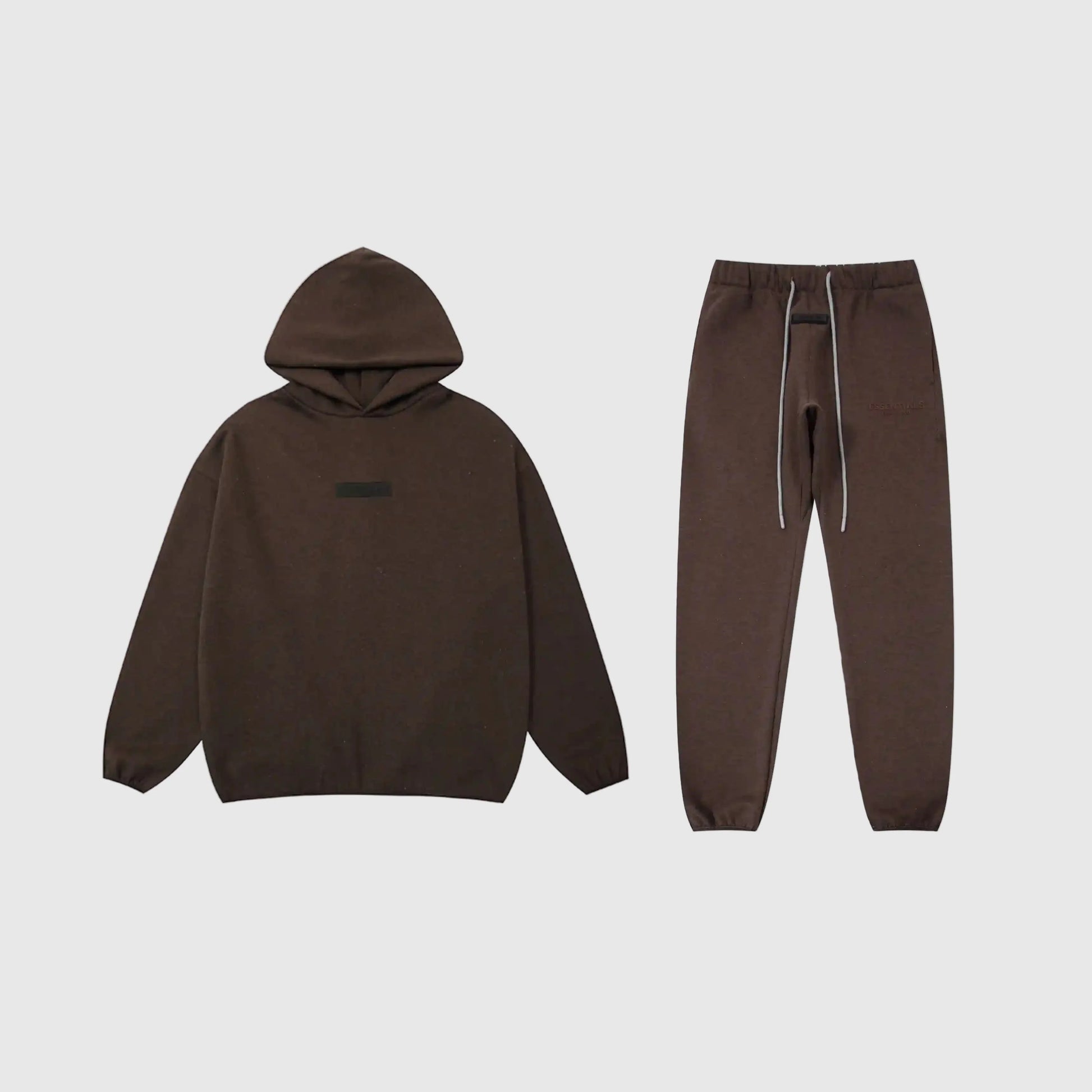 Fear of God Essentials congo brown tracksuit front view hoodie and joggers