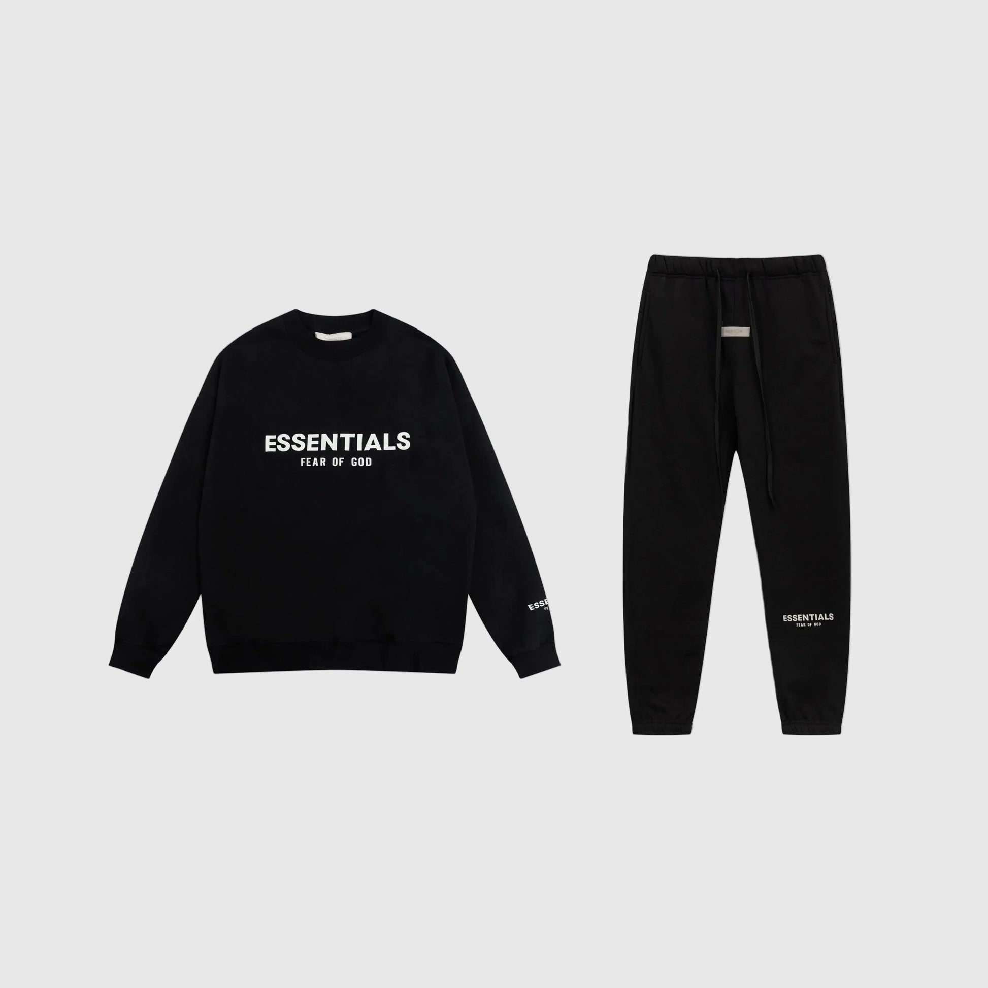 Fear of God Essentials black tracksuit front view crewneck and joggers