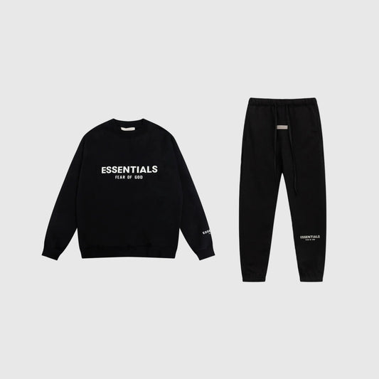 Fear of God Essentials black tracksuit front view crewneck and joggers