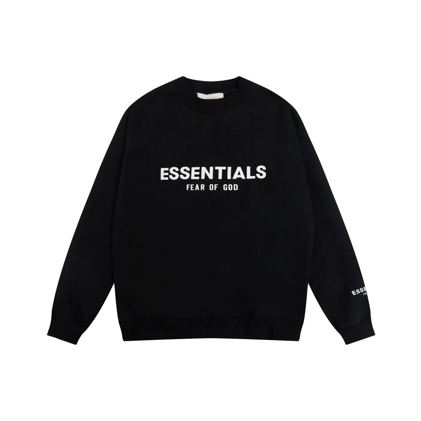 Black Essentials crewneck center front rubberized black bar branding detail