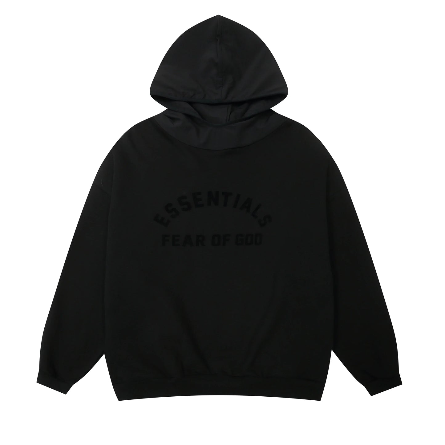 Black Essentials hoodie center front black bar branding detail