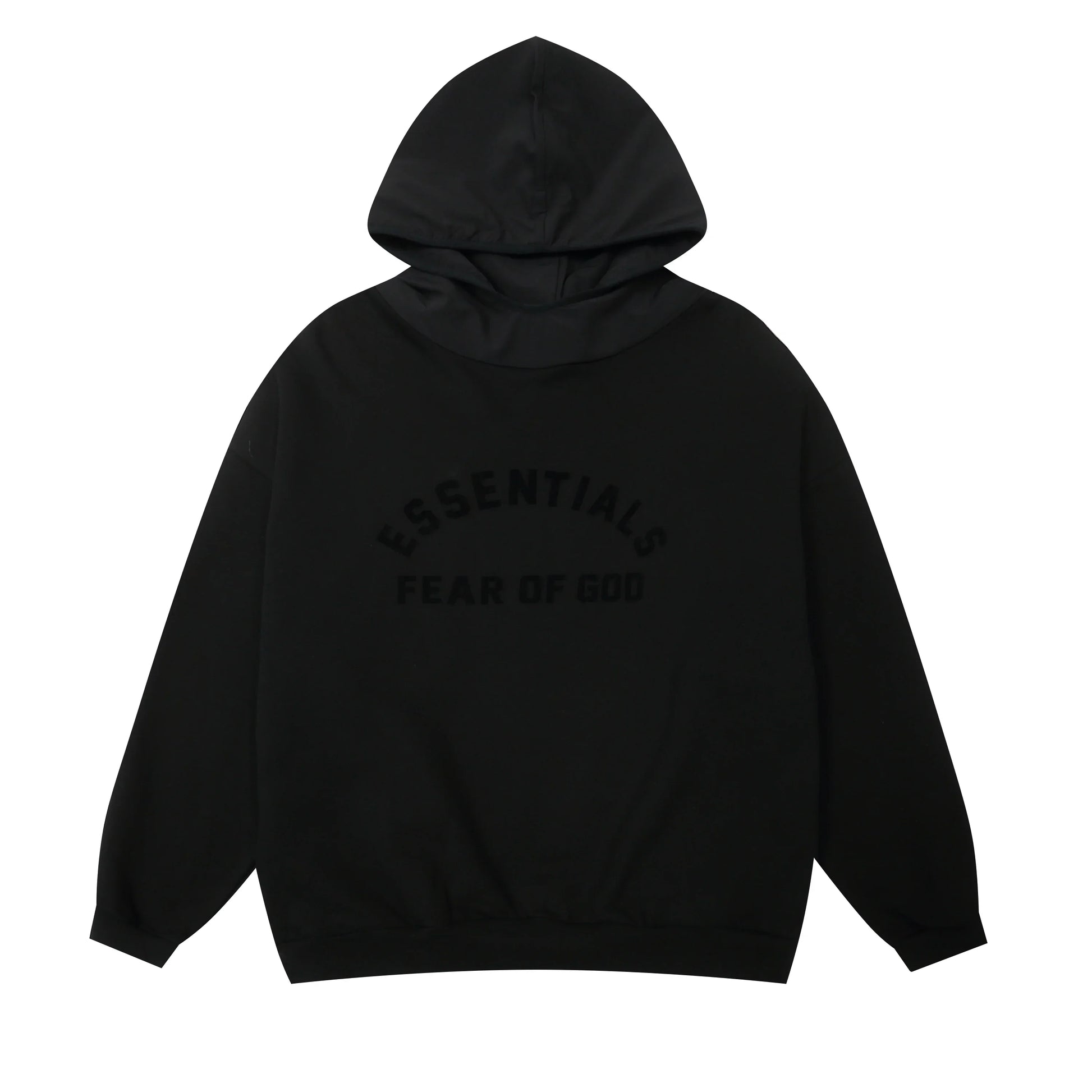 Black Essentials hoodie center front black bar branding detail