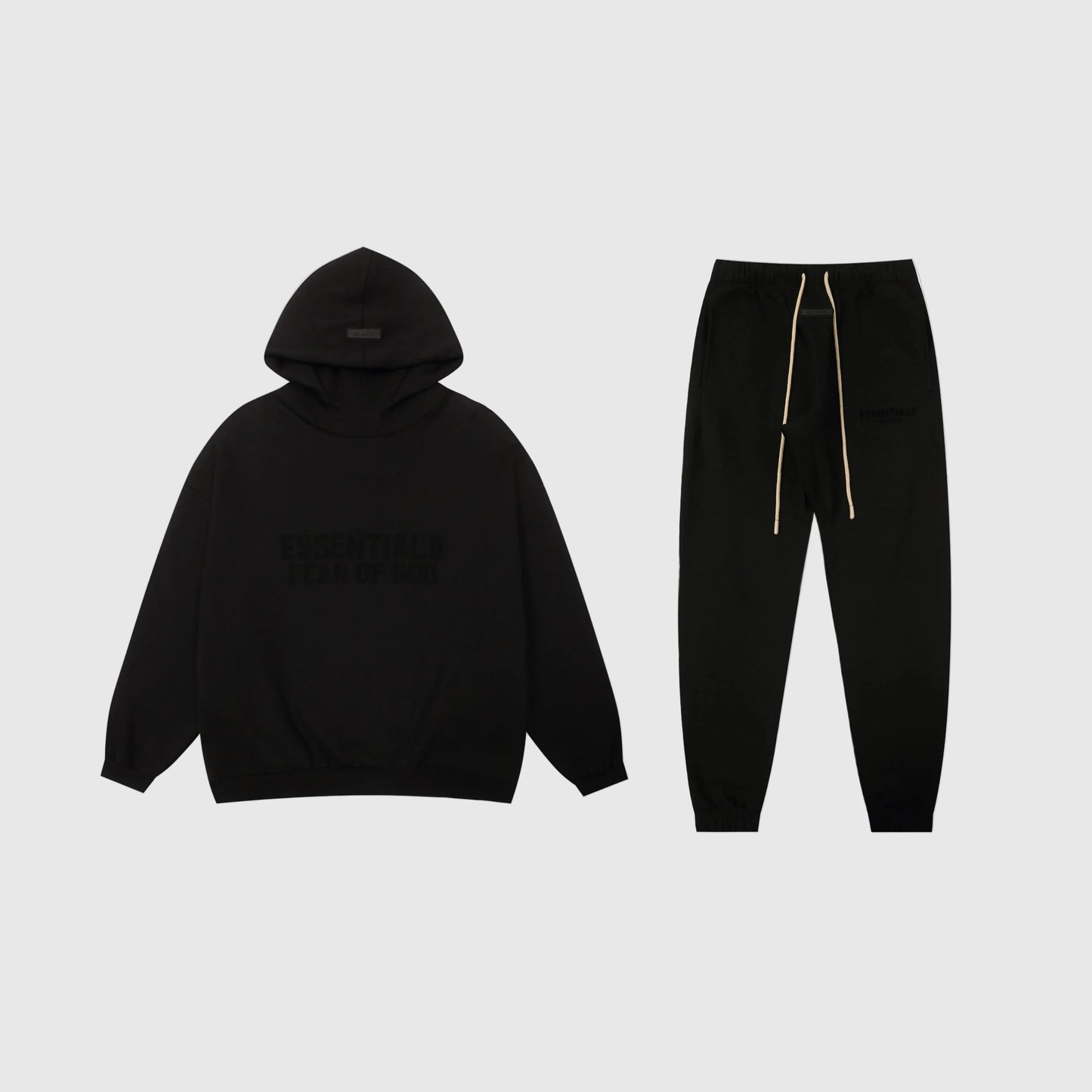Essentials black comfort fit fleece tracksuit set with relaxed fit by Fear Of God